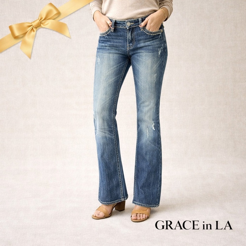 GRACE in LA Boot Cut Bedazzled Back Pocket Cross Low Rise Blue Jeans Size 30 NWT